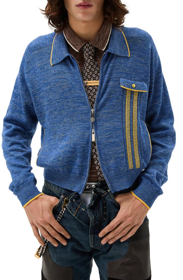 Greca Jacquard Wool & Silk Blend Mouliné Zip Cardigan