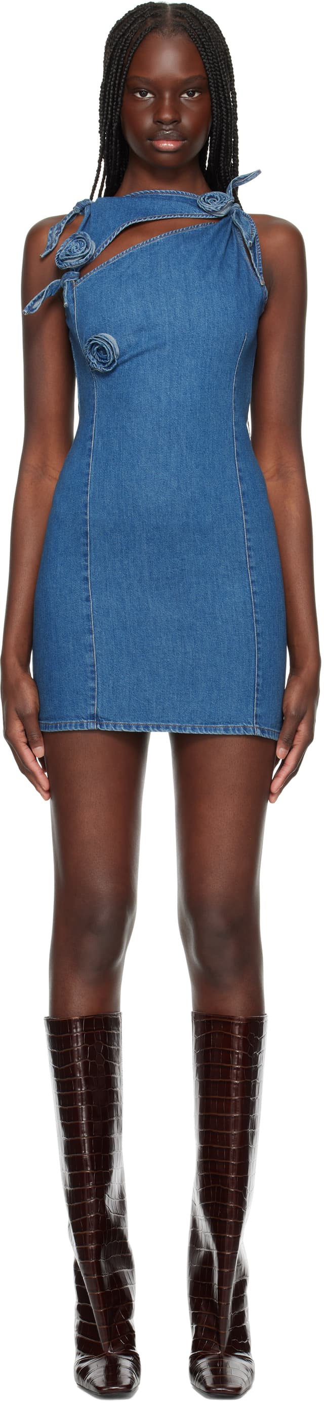 Blue Asymmetric Flower Denim Minidress