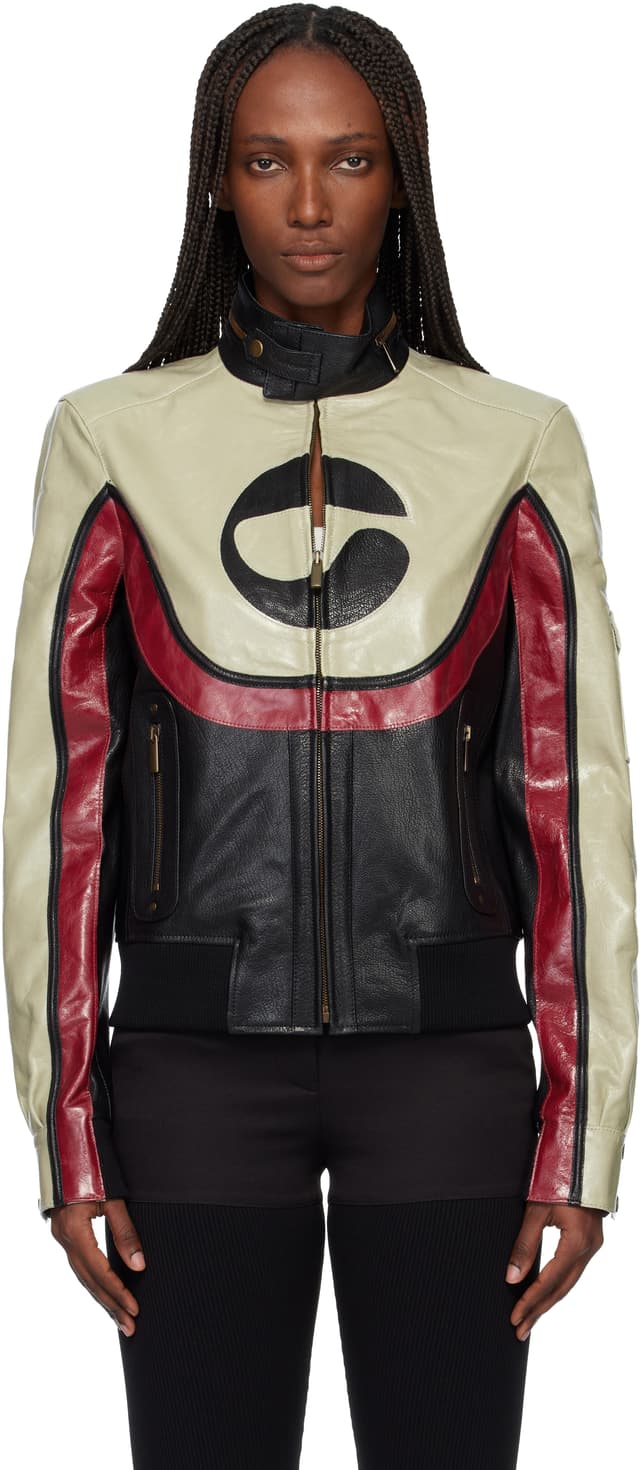 Beige & Black C-Logo Leather Jacket