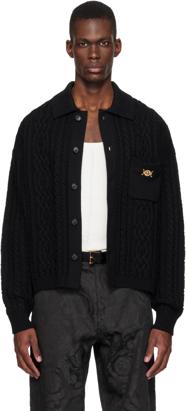 Black Mixed-Stitch Wool Knit Cardigan