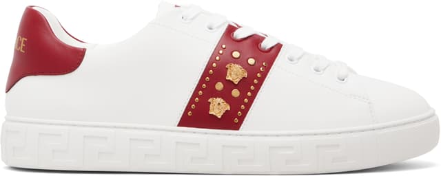 White & Red Greca Embellished Faux-Leather Sneakers